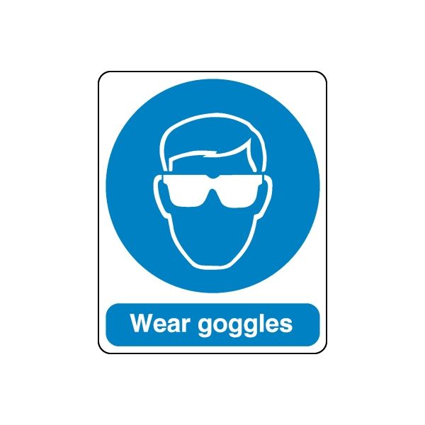 Safety goggles wall decal: blue circle with goggles icon and "Wear goggles" text