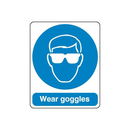 Safety goggles wall decal: blue circle with goggles icon and "Wear goggles" text