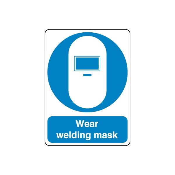 Safety sign wall decal with blue welding mask icon and Wear welding mask text.