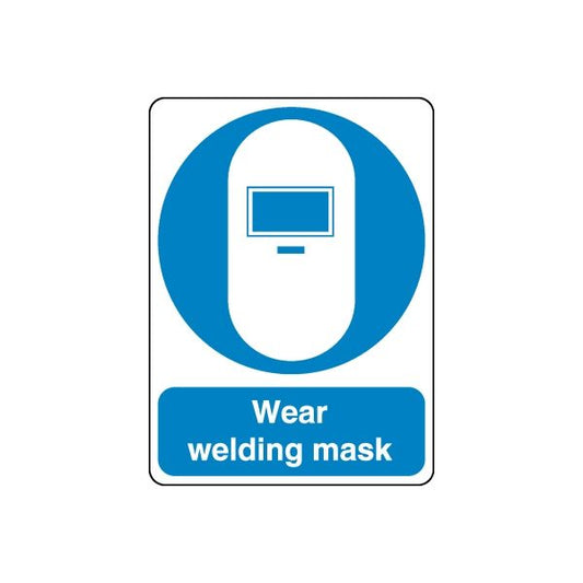 Safety sign wall decal with blue welding mask icon and Wear welding mask text.
