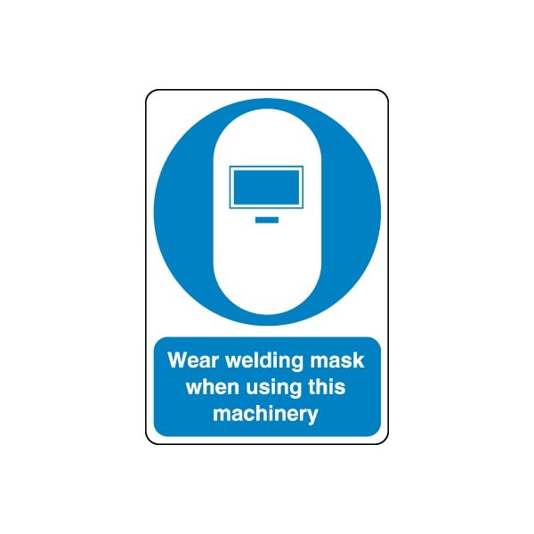 Blue safety sign wall decal with welding mask icon and warning text