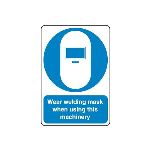 Blue safety sign wall decal with welding mask icon and warning text