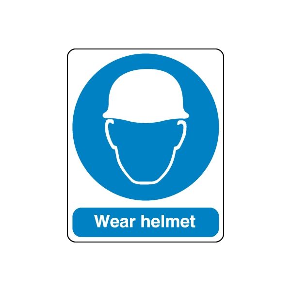 Safety helmet sign sticker with blue helmet icon and text 'Wear helmet'