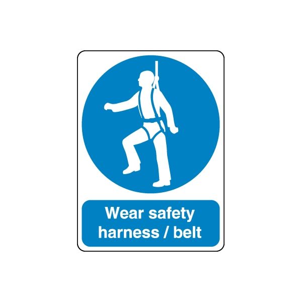 Safety sign wall decal with blue circle and worker icon; text "Wear safety harness / belt".