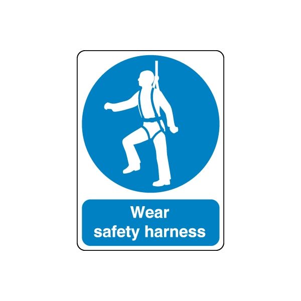 Safety sign wall decal with harness worker icon in blue circle and text: Wear safety harness.