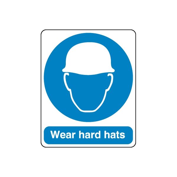 Safety sign wall decal with blue hard hat icon and text 'Wear hard hats'