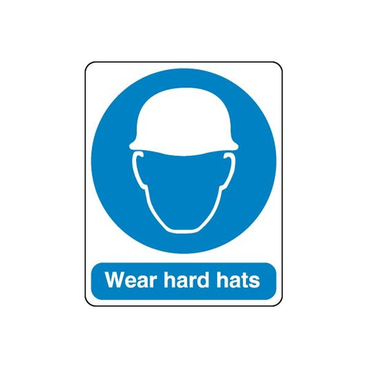 Safety sign wall decal with blue hard hat icon and text 'Wear hard hats'