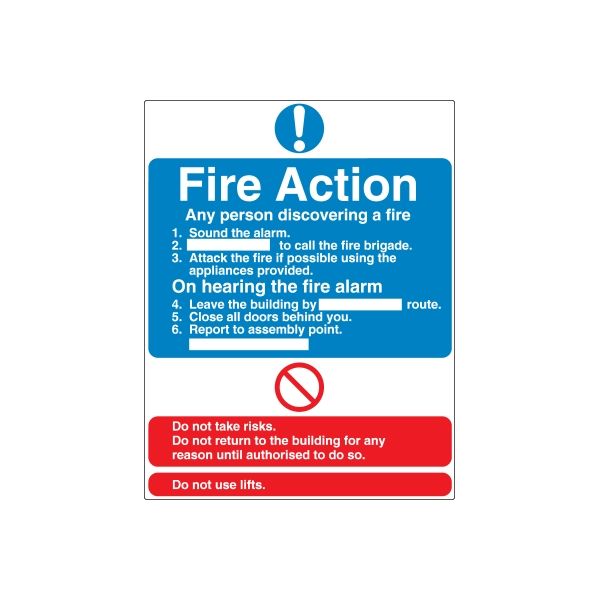 Fire Action safety sign wall decal with alarm instructions and no symbol