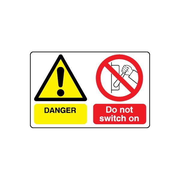 Safety warning decal: yellow danger triangle, red prohibited switch symbol, text