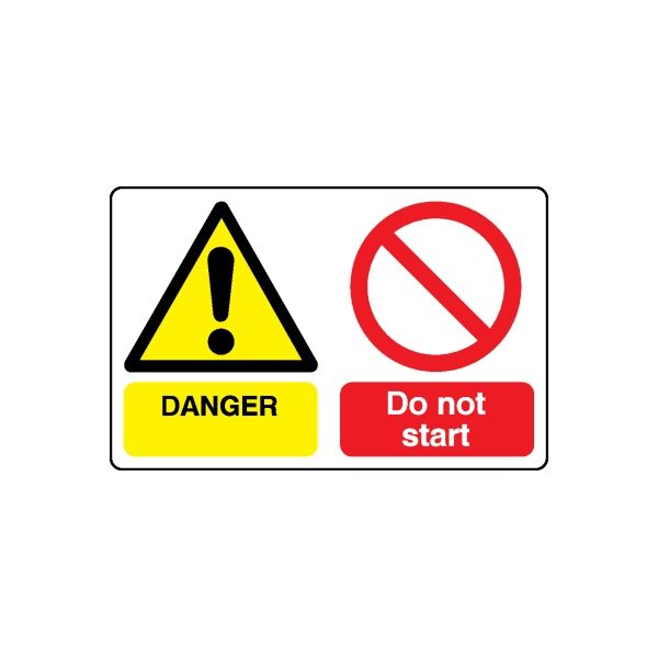 Safety warning vinyl decal: yellow danger triangle, exclamation, and do not start sign
