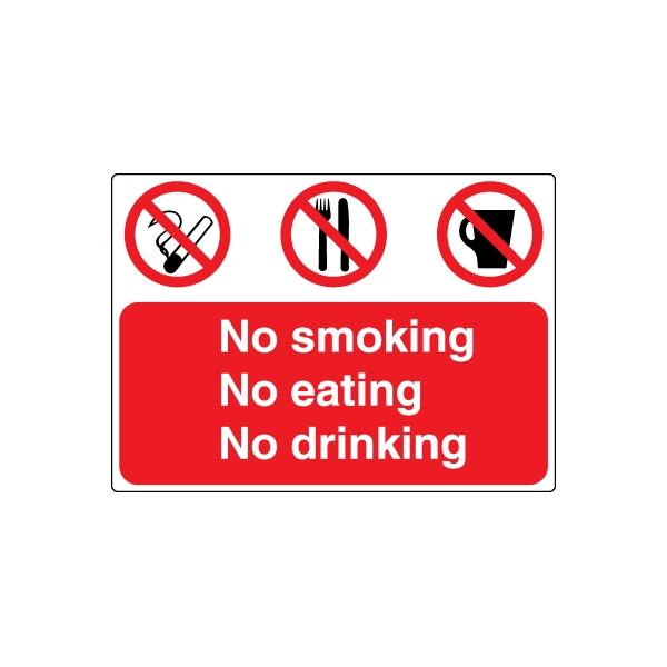 Safety sign decal: red “No smoking, No eating, No drinking” with barred symbol icons