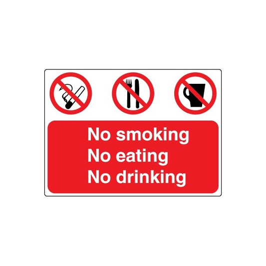 Safety sign decal: red “No smoking, No eating, No drinking” with barred symbol icons