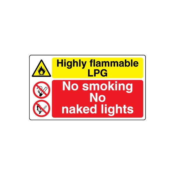 Rectangular safety sign decal: Highly flammable LPG; No smoking; No naked lights