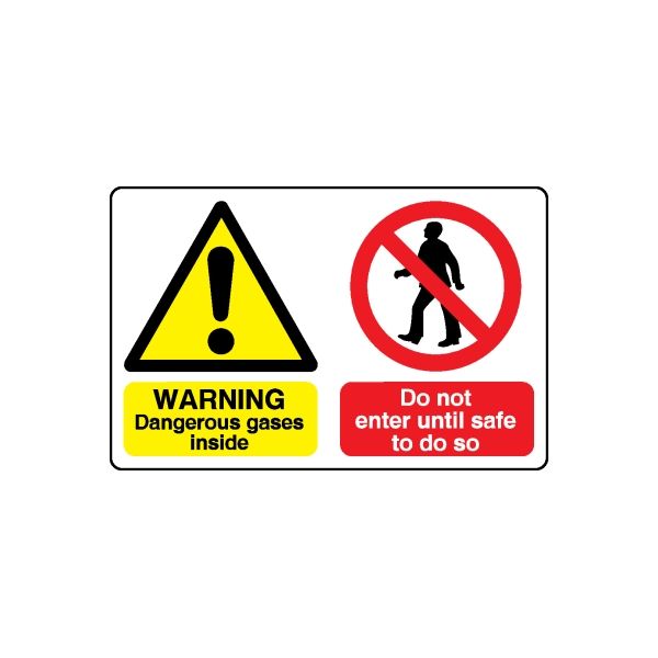 Safety warning sticker with yellow hazard triangle and red no-entry symbol