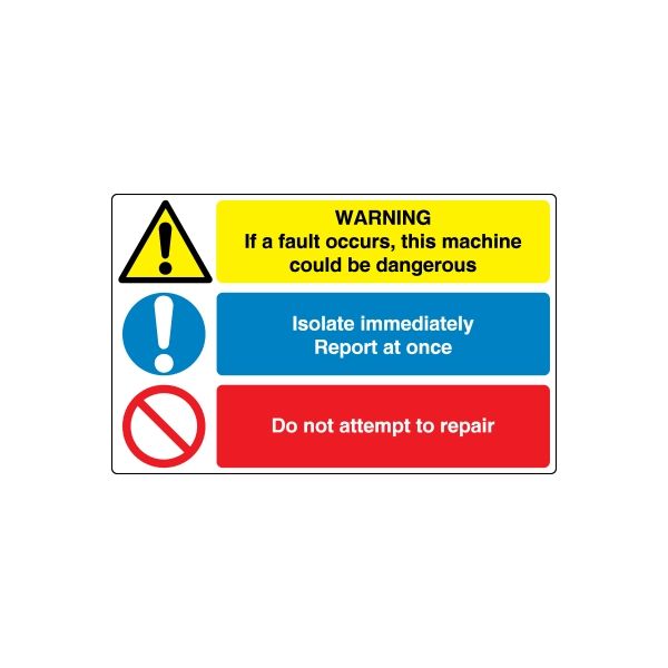 Safety warning decal with yellow triangle, blue and red text boxes, and no-repair symbol