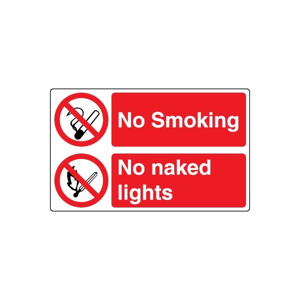 Red safety sign vinyl decal: No Smoking and No naked lights with icons