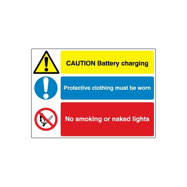 Safety sign decal: caution battery charging, protective clothing, no smoking icon
