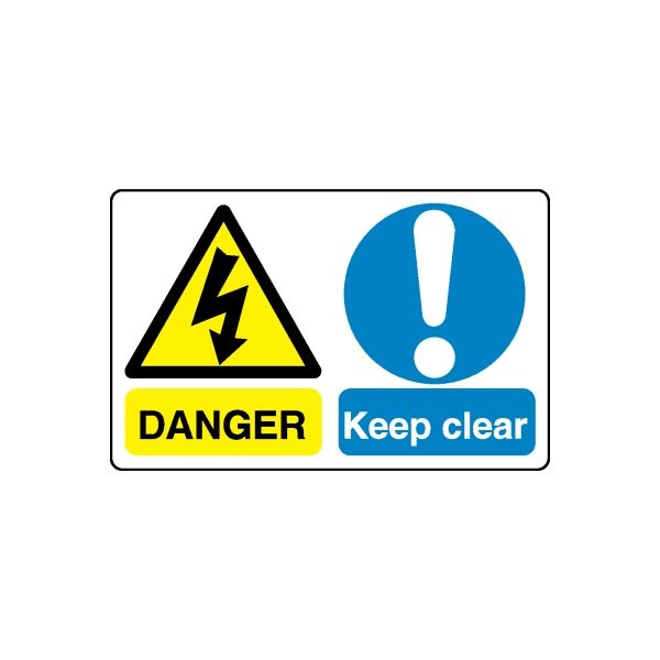 Safety sign decal with yellow hazard triangle, blue exclamation, text: DANGER, Keep clear