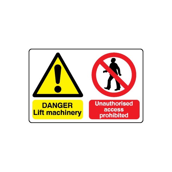 Safety warning sticker with yellow danger triangle and no-person prohibited sign