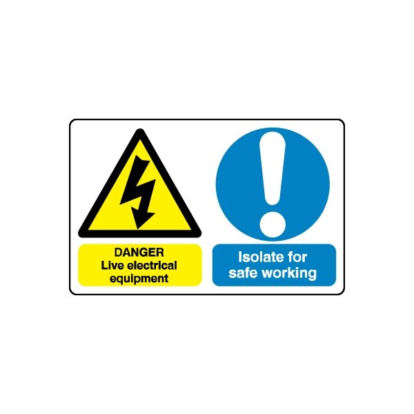 Warning safety vinyl sticker with yellow danger triangle and blue isolate sign