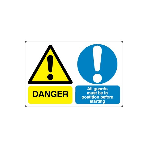 Danger safety sign vinyl decal with yellow warning triangle and blue exclamation circle