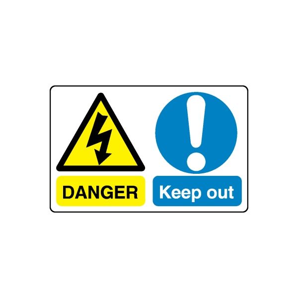 Safety warning decal with yellow danger triangle, lightning, blue exclamation, and 'Keep out'