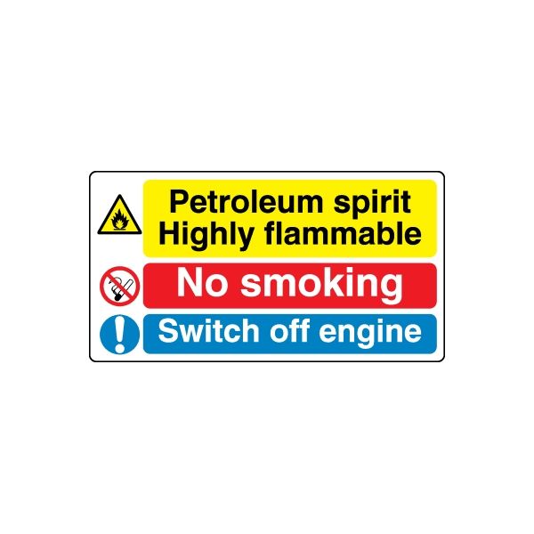 Safety warning sticker: Petroleum spirit highly flammable, No smoking, switch off engine