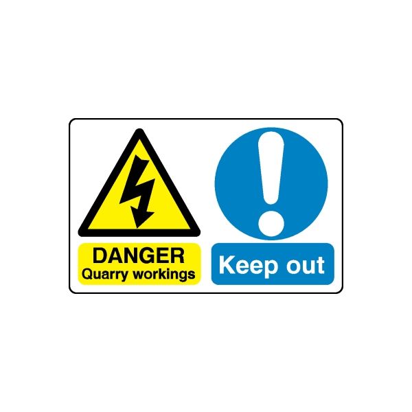 Safety sign decal: yellow danger triangle, blue exclamation, and Keep out text