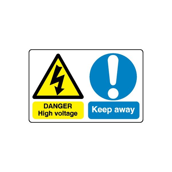 Safety warning sticker with yellow lightning danger and blue exclamation keep away