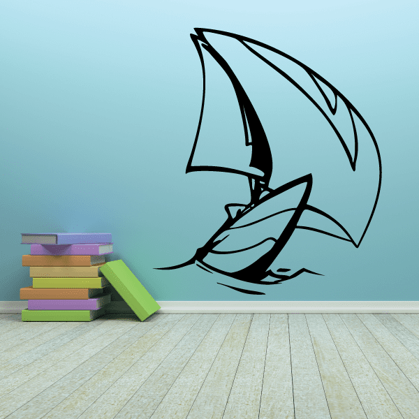 Sailboat wall decal with light blue sails and black outline, vinyl sticker