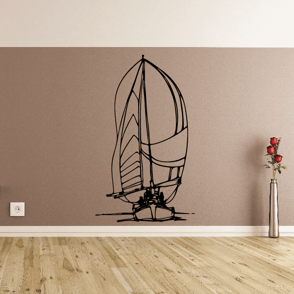 Black sailboat wall decal with sails and mast, vinyl outline design