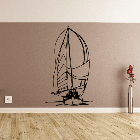 Black sailboat wall decal with sails and mast, vinyl outline design