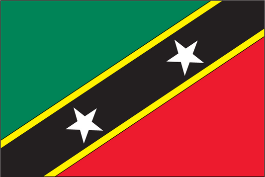Nevis flag sticker with green, black, red diagonal stripes and two white stars