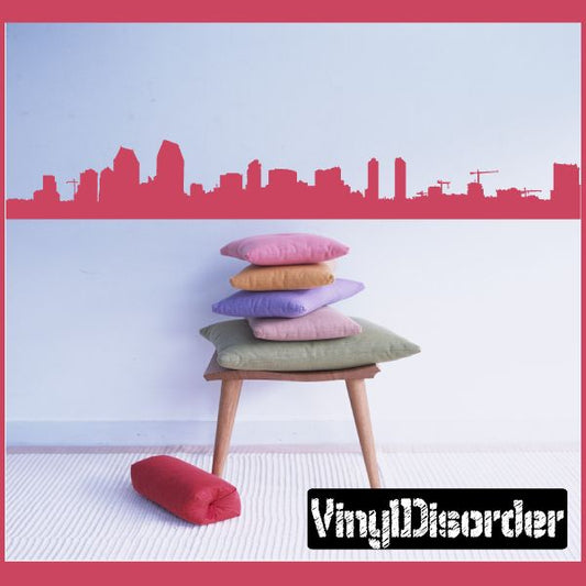 San Diego skyline decal with red city silhouette and landmarks