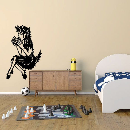 Satyr with flute wall decal, black silhouette.
