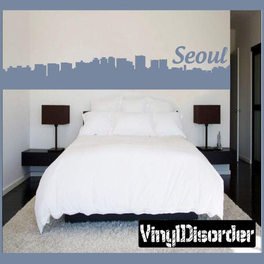 Seoul South Korea wall decal with skyline silhouette and blue 'Seoul' script
