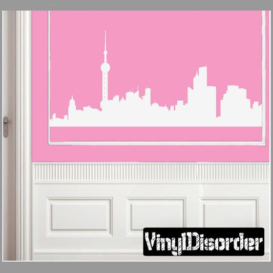 White Shanghai skyline wall decal with Oriental Pearl Tower and city silhouette