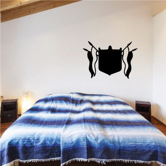 Black shield wall vinyl decal with horned shield emblem and side flames