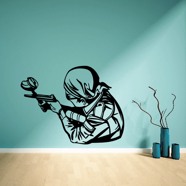 Paintball player wall decal, side-view figure holding paintball gun, black outline