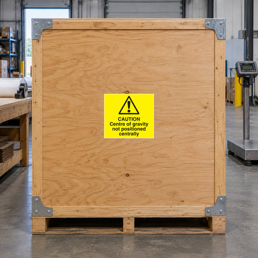 Caution Centre of Gravity sticker on a plywood freight shipping crate