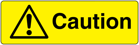 Caution yellow warning sticker with triangle exclamation icon and “Caution” text