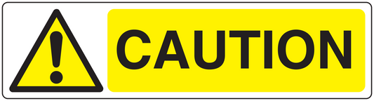 Caution warning sticker with yellow sign, black “CAUTION” text, and triangle exclamation