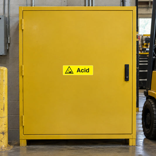 Caution acid sticker with yellow triangle warning icon and “Acid” text
