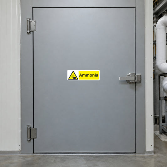 Yellow caution sticker with hazard triangle icon and 'Ammonia' text