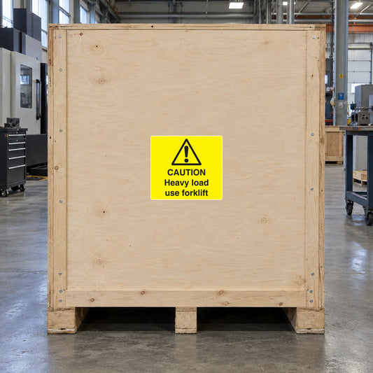 Yellow caution heavy load use forklift warning sticker with black icon and text