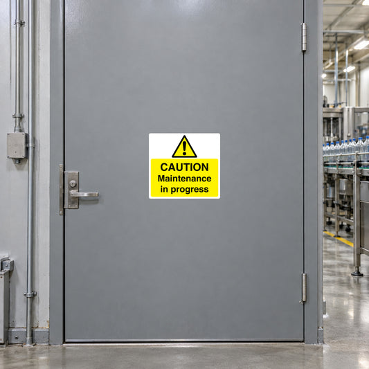 Caution Maintenance in Progress warning sticker with yellow background and hazard triangle
