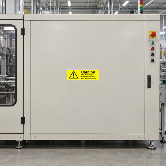Safety caution label sticker on industrial equipment panel, yellow triangle warning sign