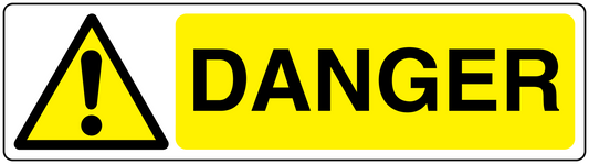 Danger warning sticker with yellow background, black DANGER text, and caution triangle
