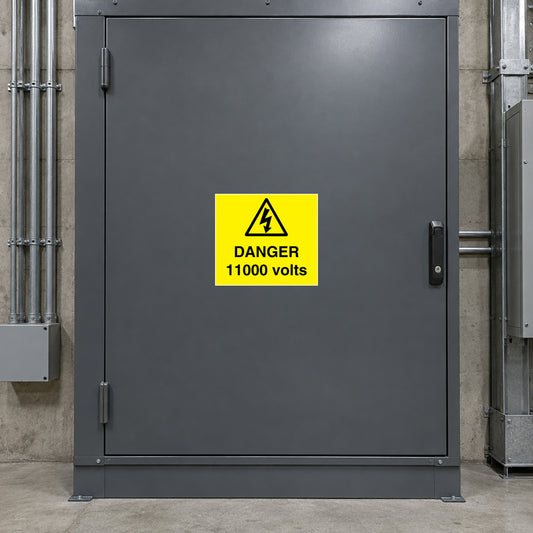 Electrical danger warning sticker reading DANGER 11000 volts with hazard symbol