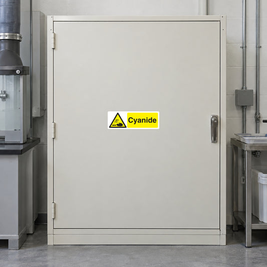 Caution cyanide hazard sticker with yellow triangle and cyanide label